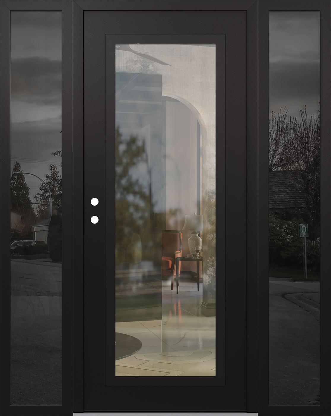 Modern Steel Front Door Diamond C1 68" x 80" black/black clear Glass Panel black RHI with 2 Sidelites mirrored Glass