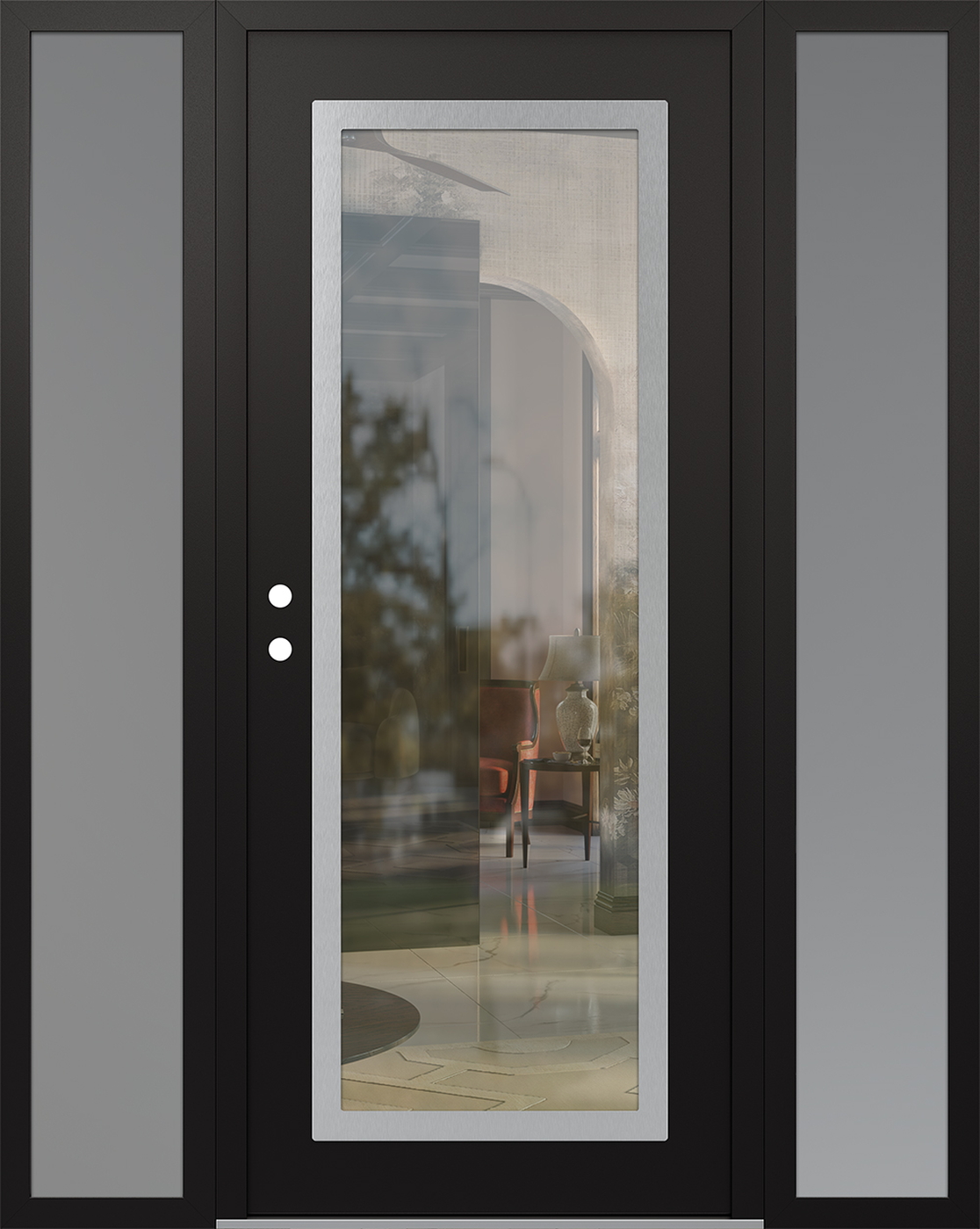 Modern Steel Front Door Diamond C1 68" x 80" black/black clear Glass Panel stainless steel RHI with 2 Sidelites frosted Glass