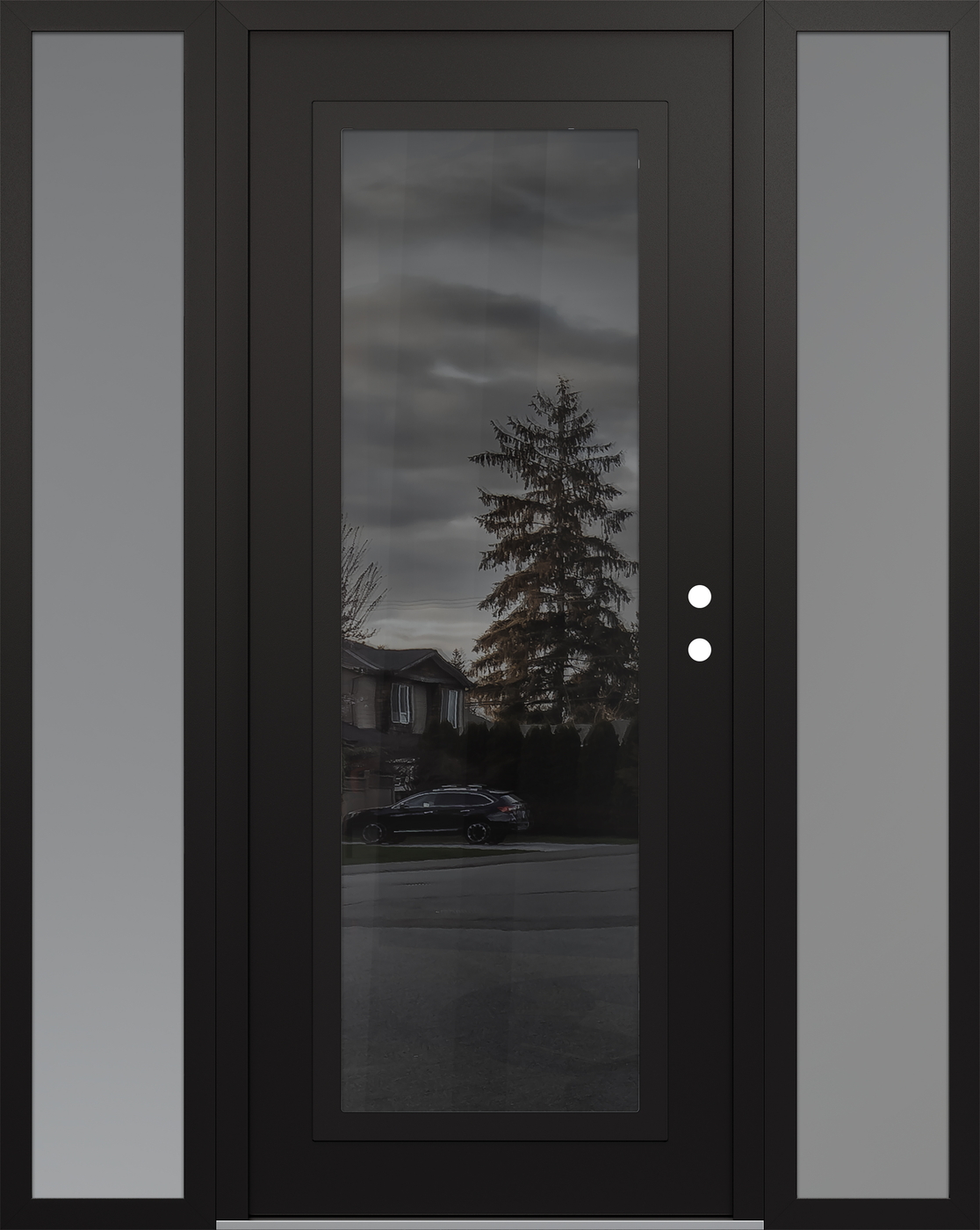 Modern Steel Front Door Diamond C1 68" x 80" black/black mirrored Glass Panel black LHI with 2 Sidelites frosted Glass