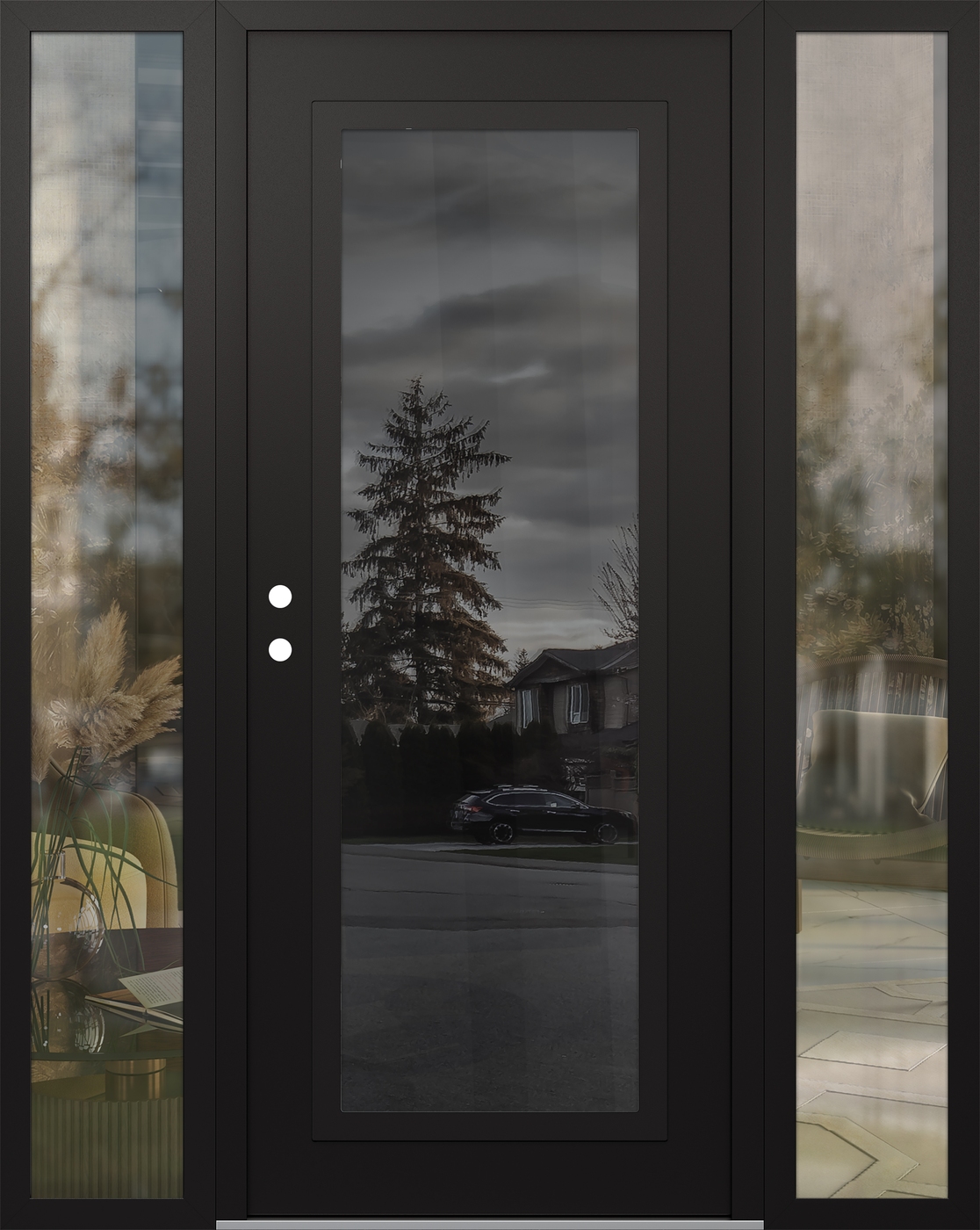 Modern Steel Front Door Diamond C1 68" x 80" black/black mirrored Glass Panel black RHI with 2 Sidelites clear Glass