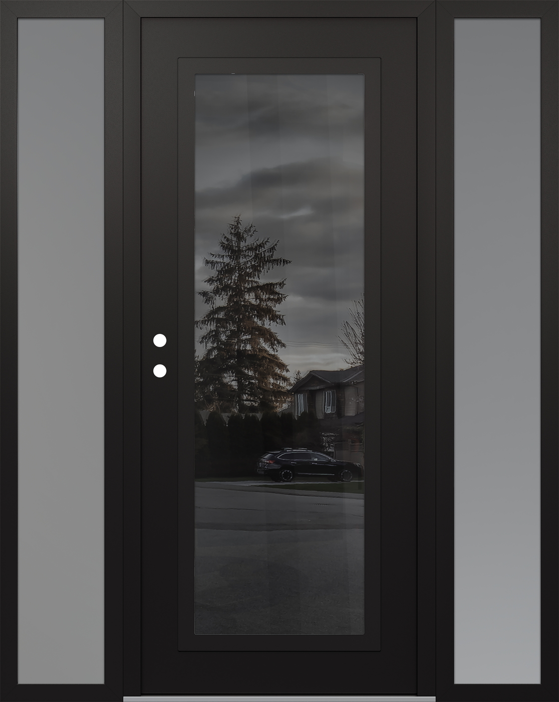 Modern Steel Front Door Diamond C1 68" x 80" black/black mirrored Glass Panel black RHI with 2 Sidelites frosted Glass