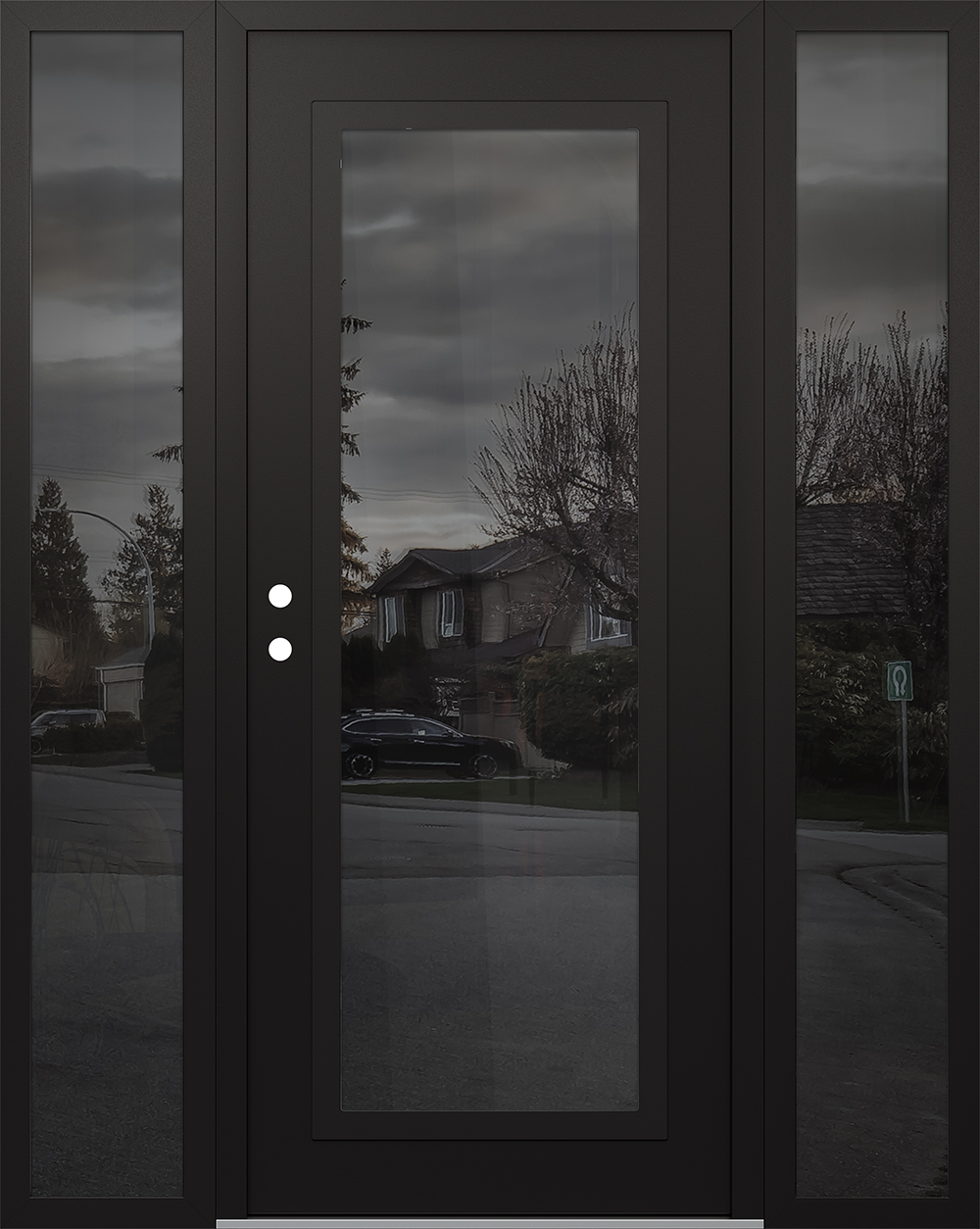 Modern Steel Front Door Diamond C1 68" x 80" black/black mirrored Glass Panel black RHI with 2 Sidelites mirrored Glass