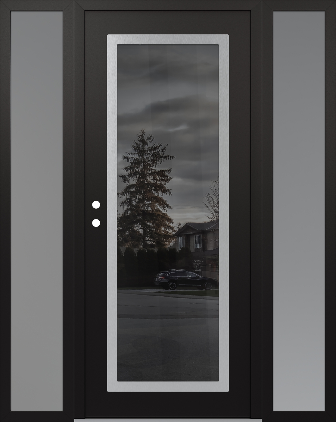 Modern Steel Front Door Diamond C1 68" x 80" black/black mirrored Glass Panel stainless steel RHI with 2 Sidelites frosted Glass