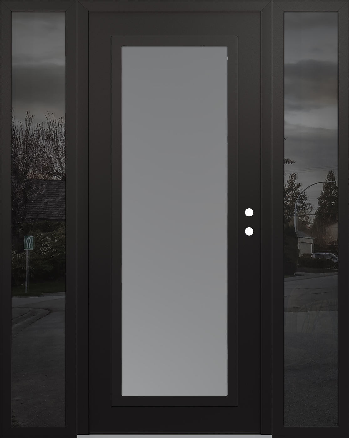 Modern Steel Front Door Diamond C1 68" x 80" black/white frosted Glass Panel black LHI with 2 Sidelites mirrored Glass