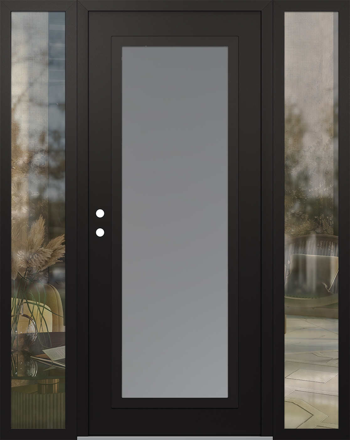 Modern Steel Front Door Diamond C1 68" x 80" black/white frosted Glass Panel black RHI with 2 Sidelites clear Glass