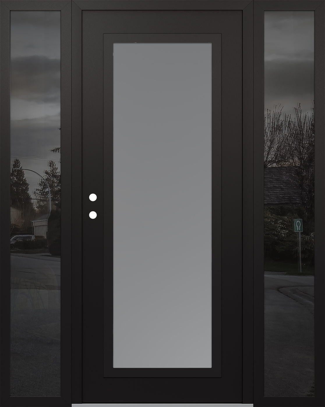 Modern Steel Front Door Diamond C1 68" x 80" black/white frosted Glass Panel black RHI with 2 Sidelites mirrored Glass