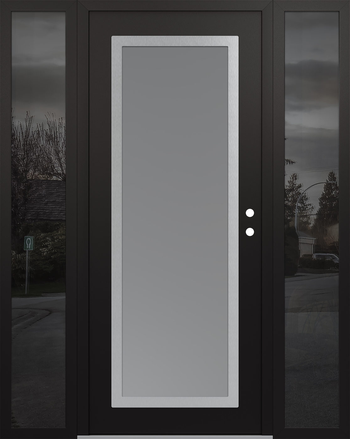 Modern Steel Front Door Diamond C1 68" x 80" black/white frosted Glass Panel stainless steel LHI with 2 Sidelites mirrored Glass