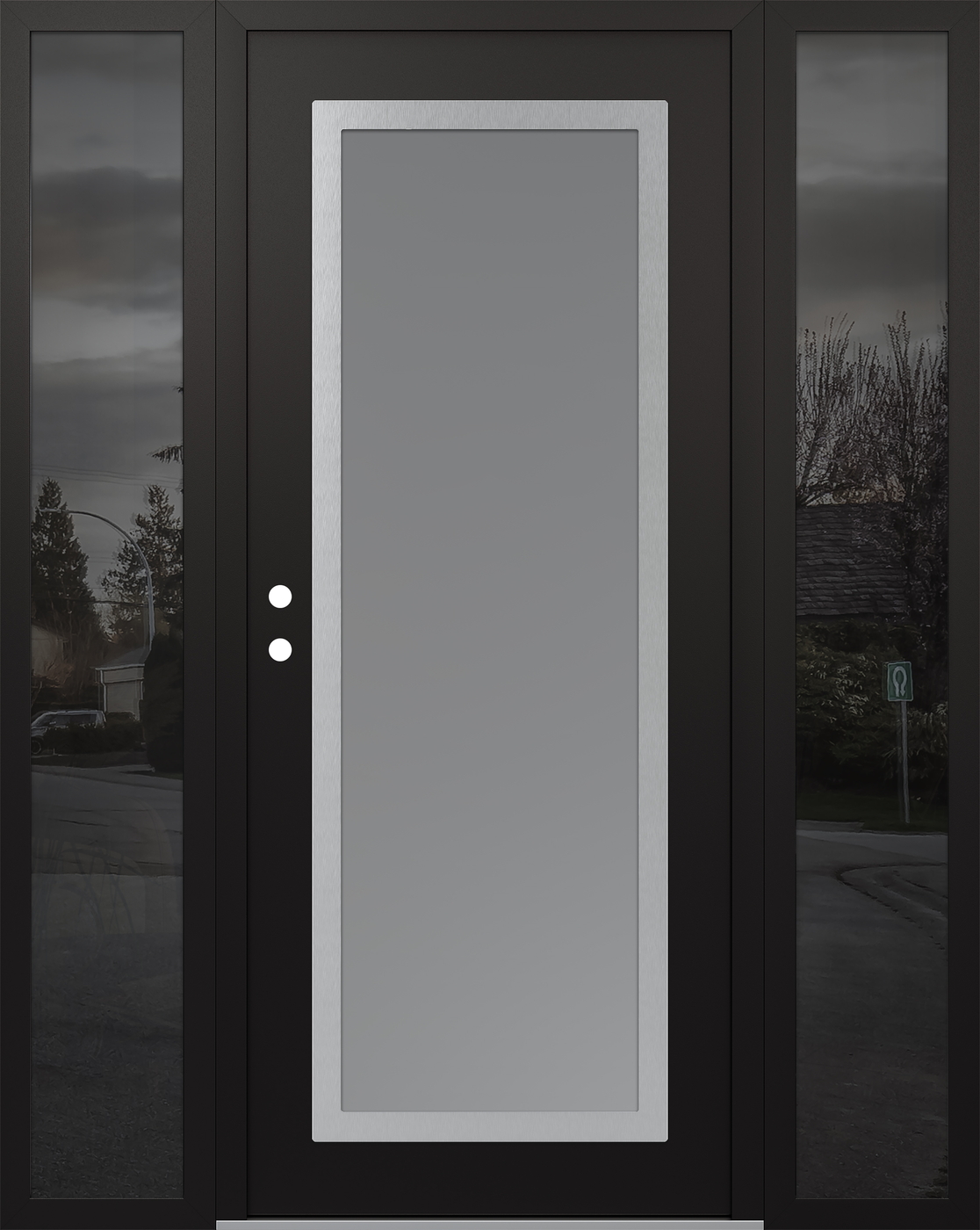 Modern Steel Front Door Diamond C1 68" x 80" black/white frosted Glass Panel stainless steel RHI with 2 Sidelites mirrored Glass