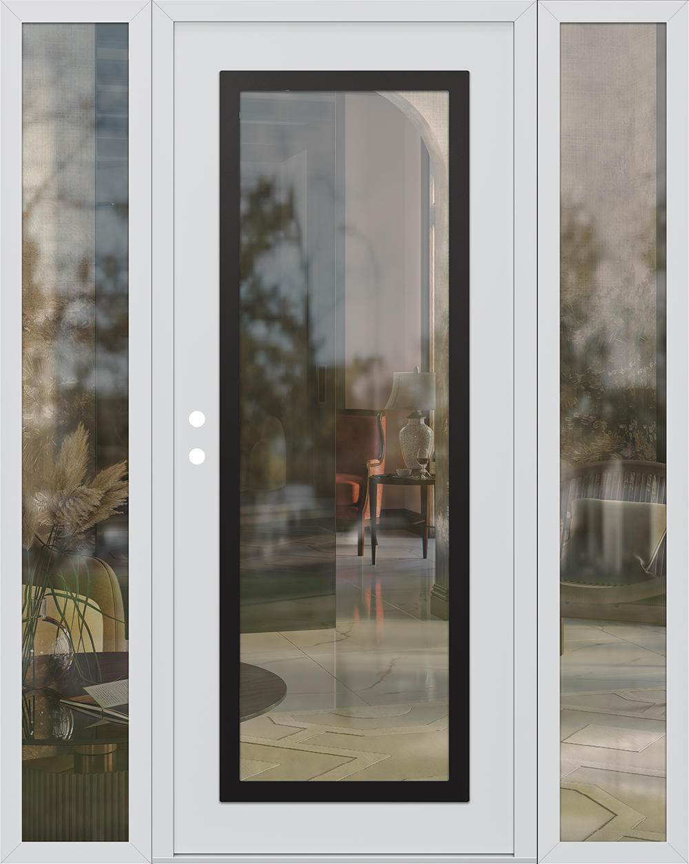 Modern Steel Front Door Diamond C1 68" x 80" white/white clear Glass Panel black RHI with 2 Sidelites clear Glass