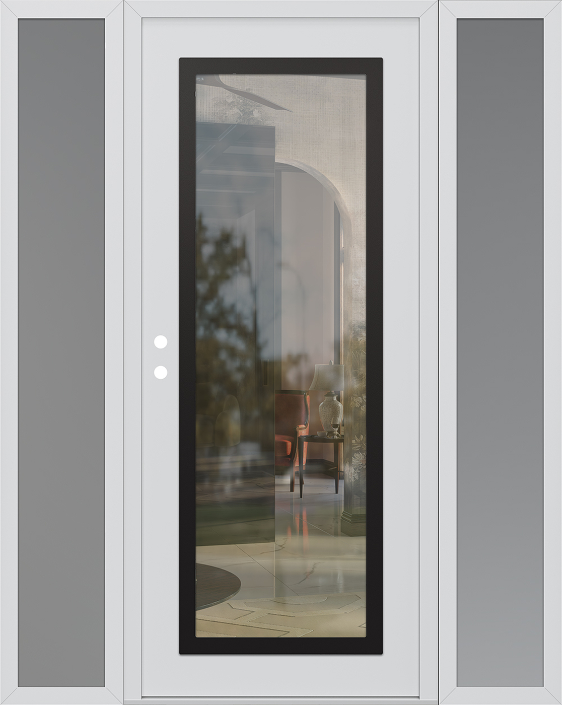 Modern Steel Front Door Diamond C1 68" x 80" white/white clear Glass Panel black RHI with 2 Sidelites frosted Glass