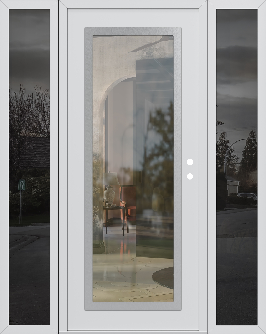 Modern Steel Front Door Diamond C1 68" x 80" white/white clear Glass Panel stainless steel LHI with 2 Sidelites mirrored Glass