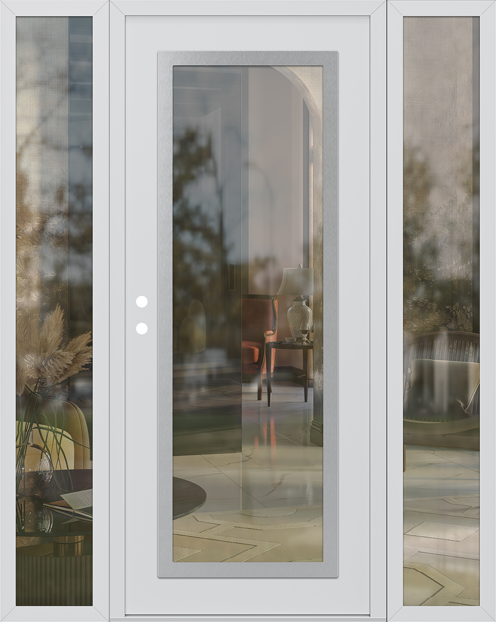 Modern Steel Front Door Diamond C1 68" x 80" white/white clear Glass Panel stainless steel RHI with 2 Sidelites clear Glass