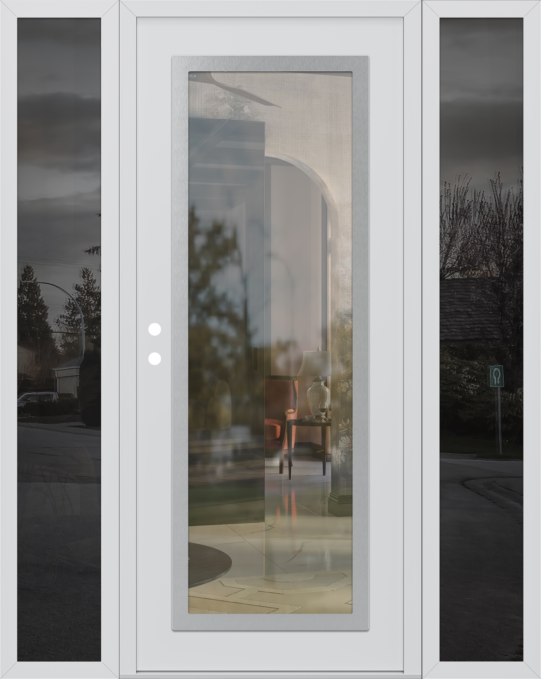 Modern Steel Front Door Diamond C1 68" x 80" white/white clear Glass Panel stainless steel RHI with 2 Sidelites mirrored Glass