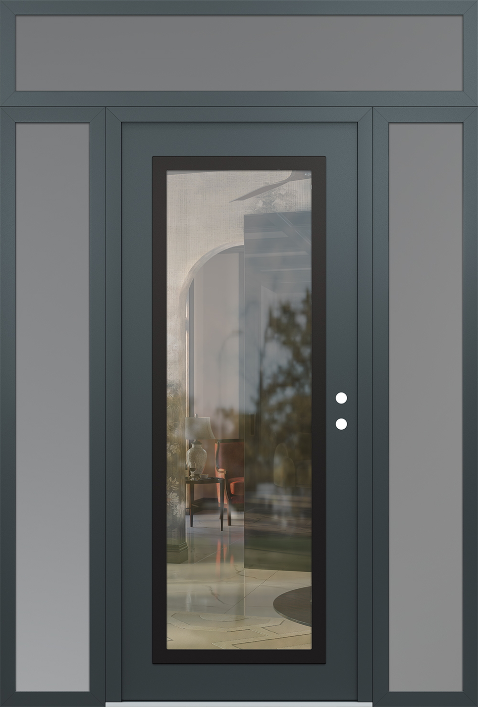 Modern Steel Front Door Diamond C1 68" x 96" anthracite/anthracite clear Glass Panel black LHI with 2 Sidelites and Transom frosted Glass