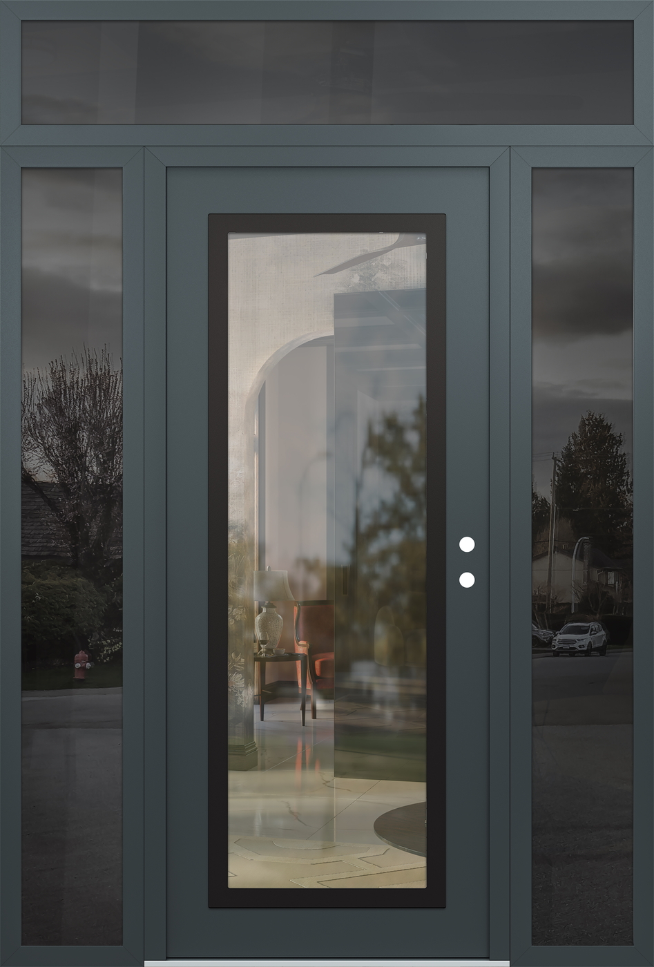 Modern Steel Front Door Diamond C1 68" x 96" anthracite/anthracite clear Glass Panel black LHI with 2 Sidelites and Transom mirrored Glass