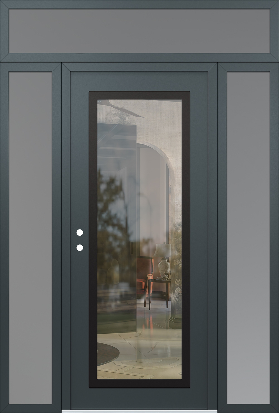 Modern Steel Front Door Diamond C1 68" x 96" anthracite/anthracite clear Glass Panel black RHI with 2 Sidelites and Transom frosted Glass