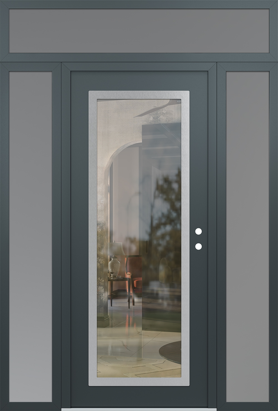Modern Steel Front Door Diamond C1 68" x 96" anthracite/anthracite clear Glass Panel stainless steel LHI with 2 Sidelites and Transom frosted Glass