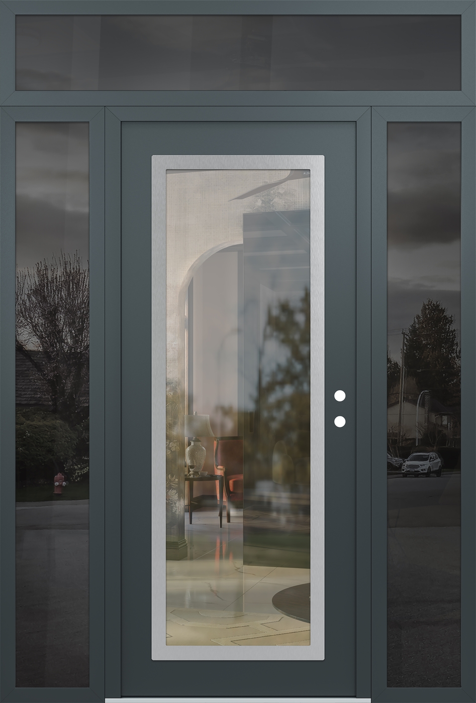Modern Steel Front Door Diamond C1 68" x 96" anthracite/anthracite clear Glass Panel stainless steel LHI with 2 Sidelites and Transom mirrored Glass