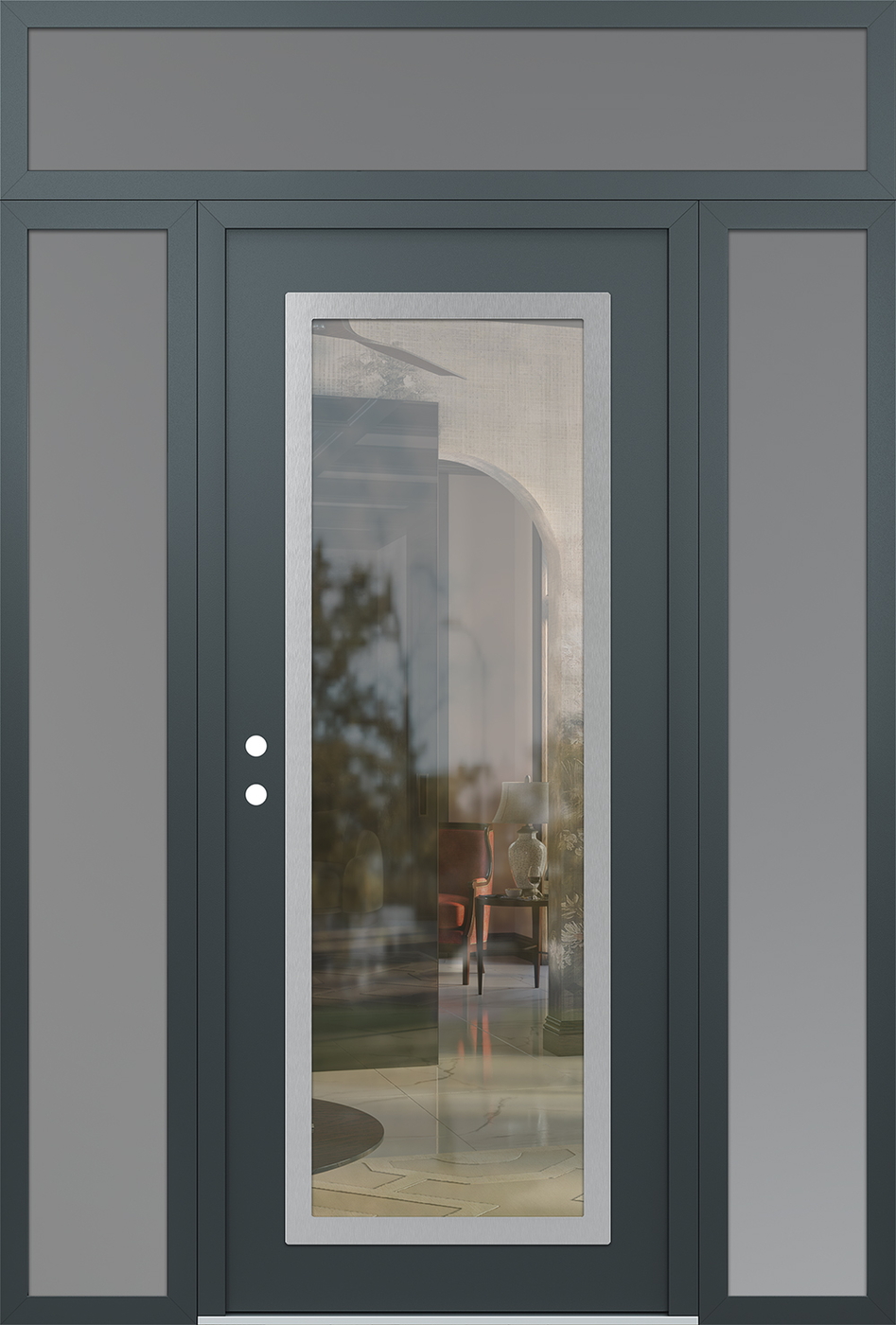 Modern Steel Front Door Diamond C1 68" x 96" anthracite/anthracite clear Glass Panel stainless steel RHI with 2 Sidelites and Transom frosted Glass
