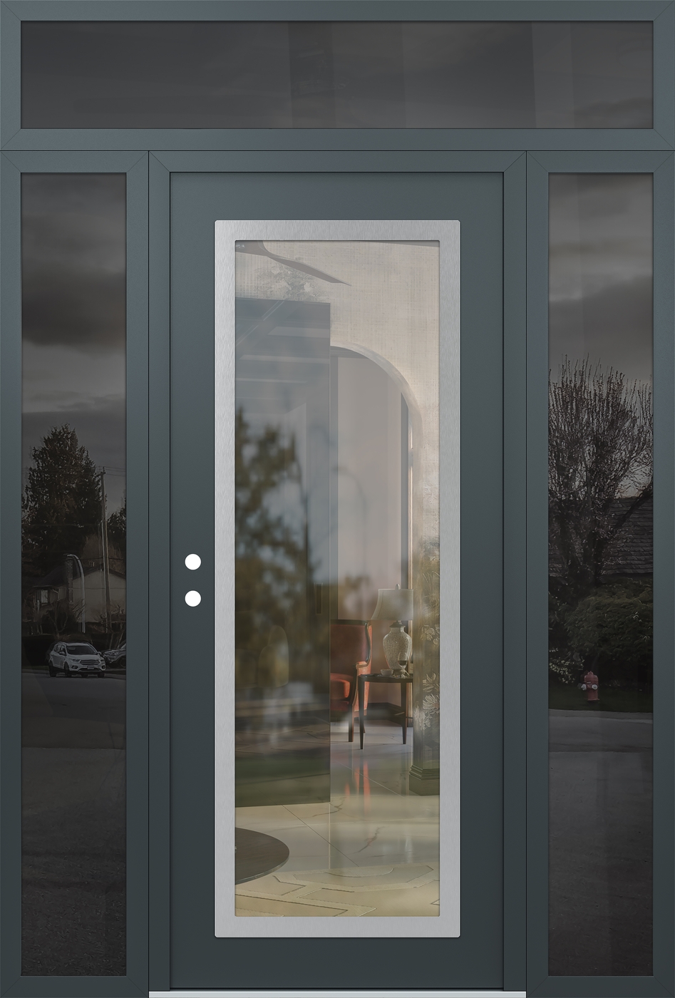 Modern Steel Front Door Diamond C1 68" x 96" anthracite/anthracite clear Glass Panel stainless steel RHI with 2 Sidelites and Transom mirrored Glass