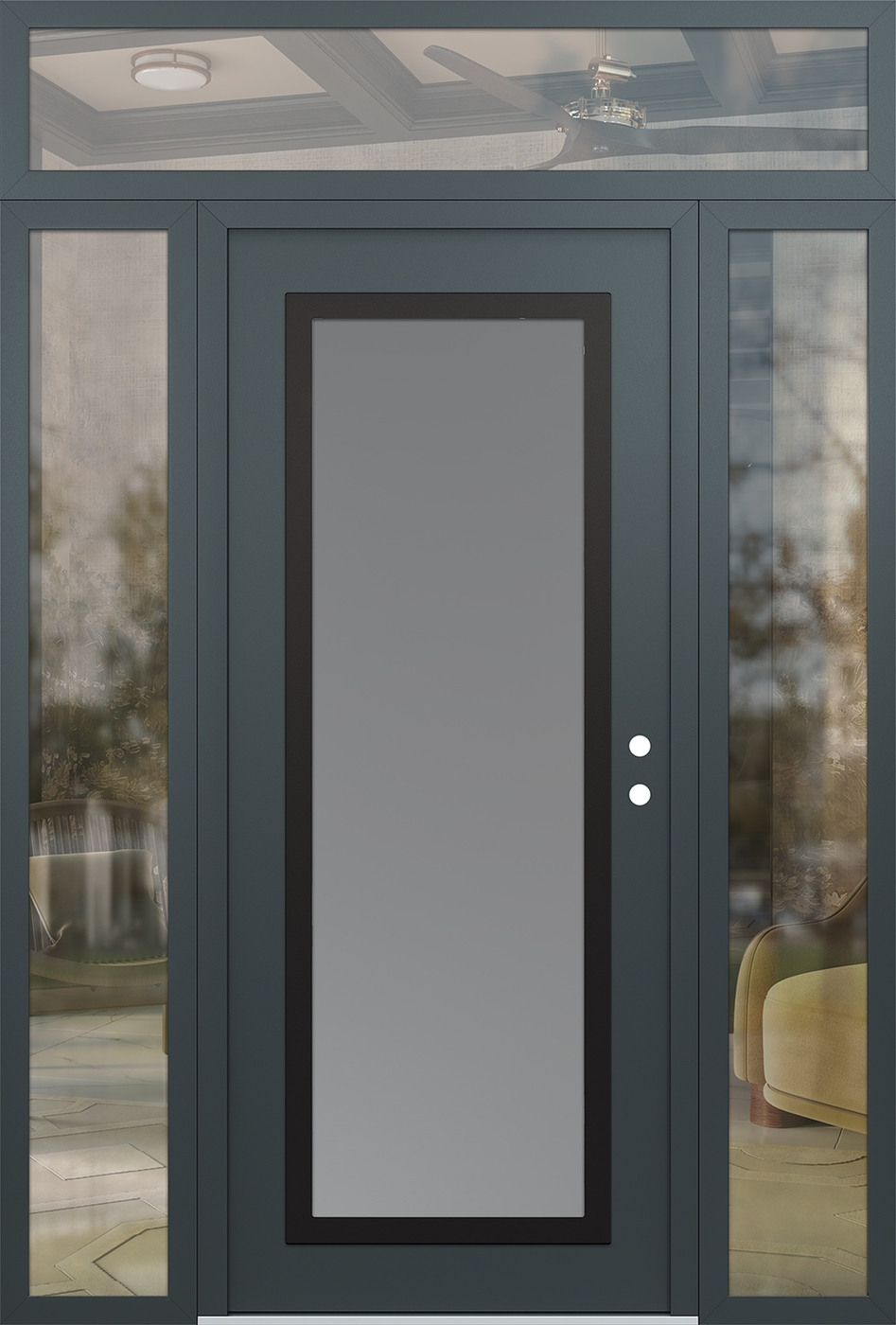 Modern Steel Front Door Diamond C1 68" x 96" anthracite/anthracite frosted Glass Panel black LHI with 2 Sidelites and Transom clear Glass