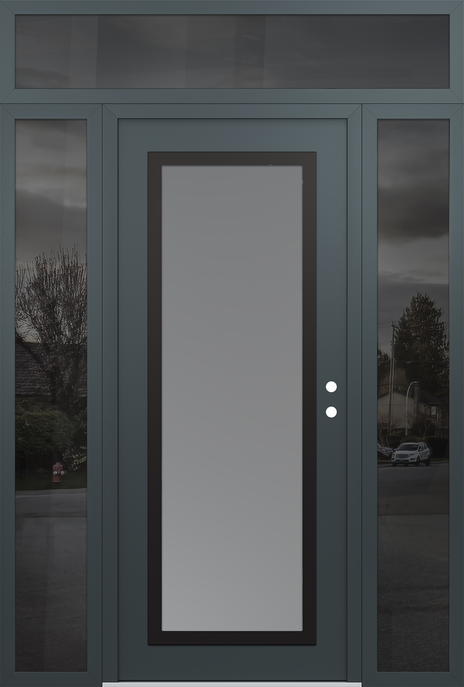 Modern Steel Front Door Diamond C1 68" x 96" anthracite/anthracite frosted Glass Panel black LHI with 2 Sidelites and Transom mirrored Glass