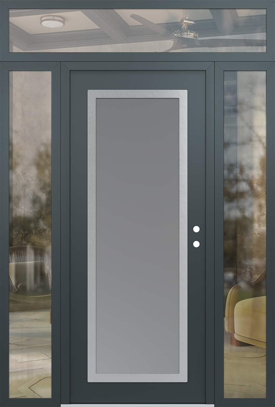 Modern Steel Front Door Diamond C1 68" x 96" anthracite/anthracite frosted Glass Panel stainless steel LHI with 2 Sidelites and Transom clear Glass