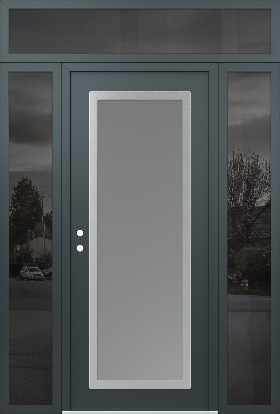 Modern Steel Front Door Diamond C1 68" x 96" anthracite/anthracite frosted Glass Panel stainless steel RHI with 2 Sidelites and Transom mirrored Glass
