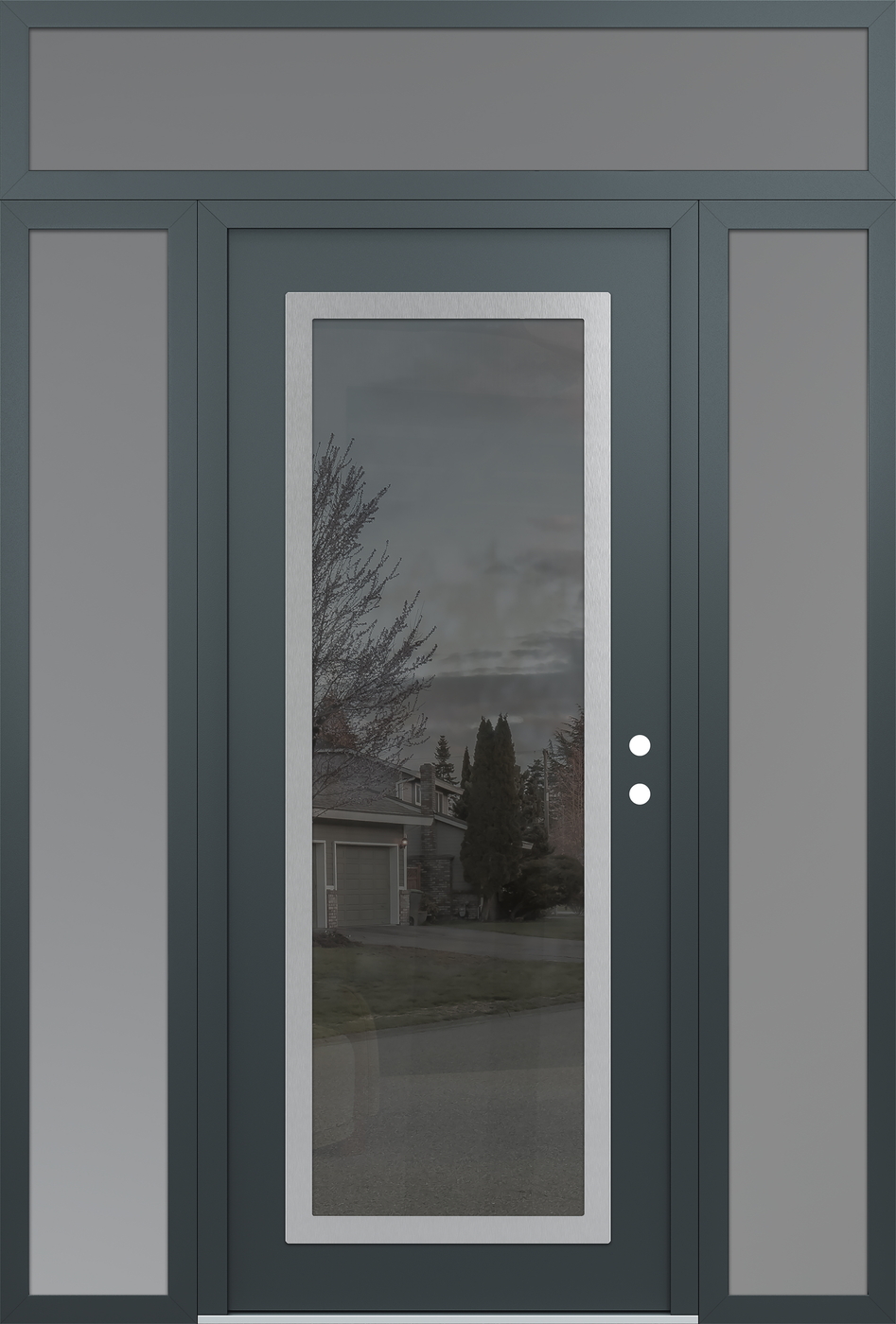 Modern Steel Front Door Diamond C1 68" x 96" anthracite/anthracite mirrored Glass Panel stainless steel LHI with 2 Sidelites and Transom frosted Glass