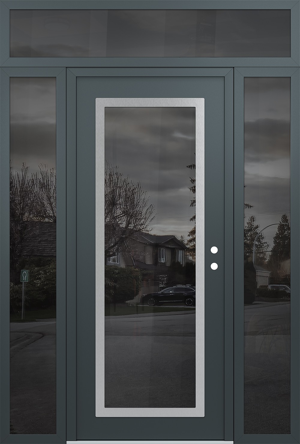 Modern Steel Front Door Diamond C1 68" x 96" anthracite/anthracite mirrored Glass Panel stainless steel LHI with 2 Sidelites and Transom mirrored Glass