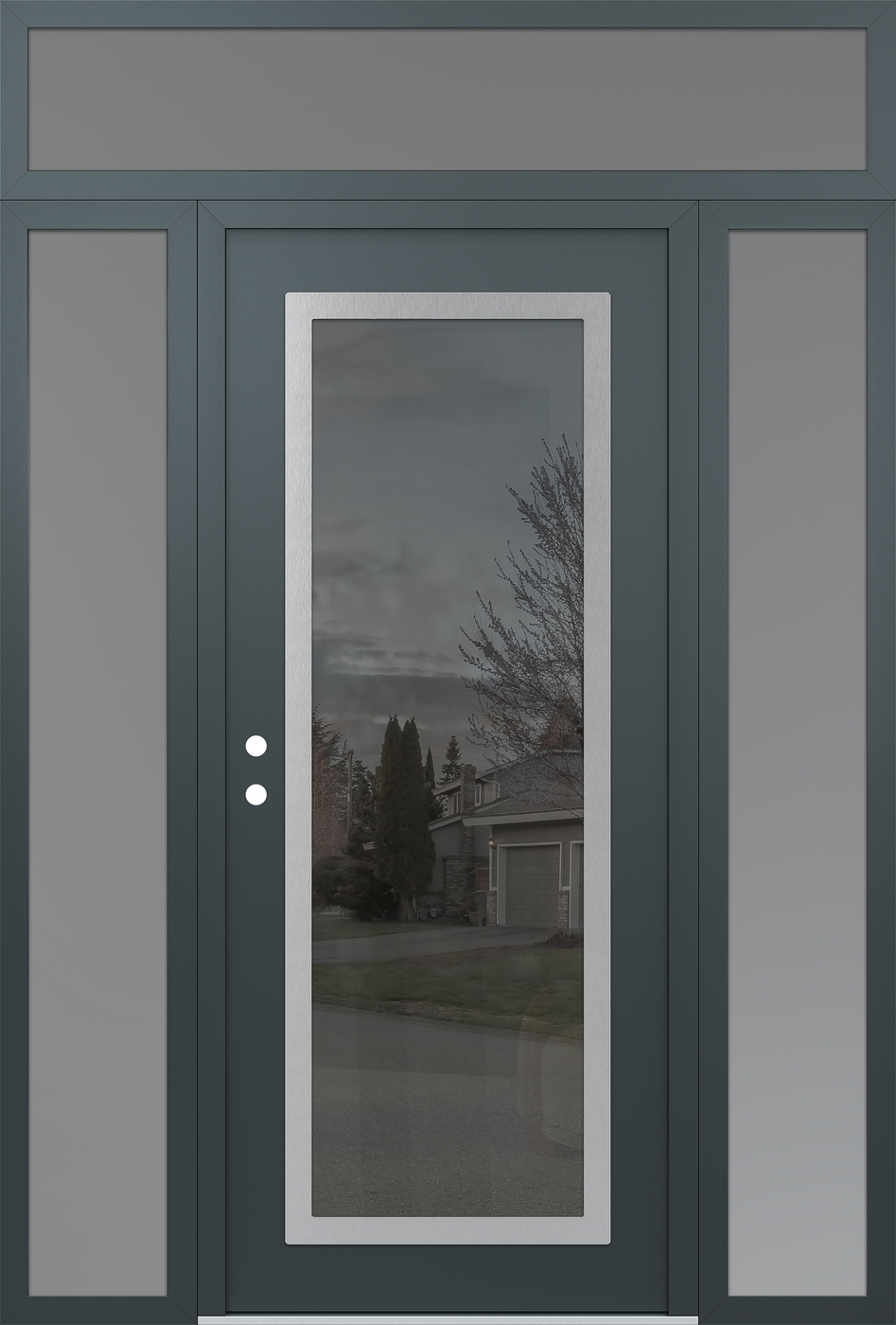 Modern Steel Front Door Diamond C1 68" x 96" anthracite/anthracite mirrored Glass Panel stainless steel RHI with 2 Sidelites and Transom frosted Glass