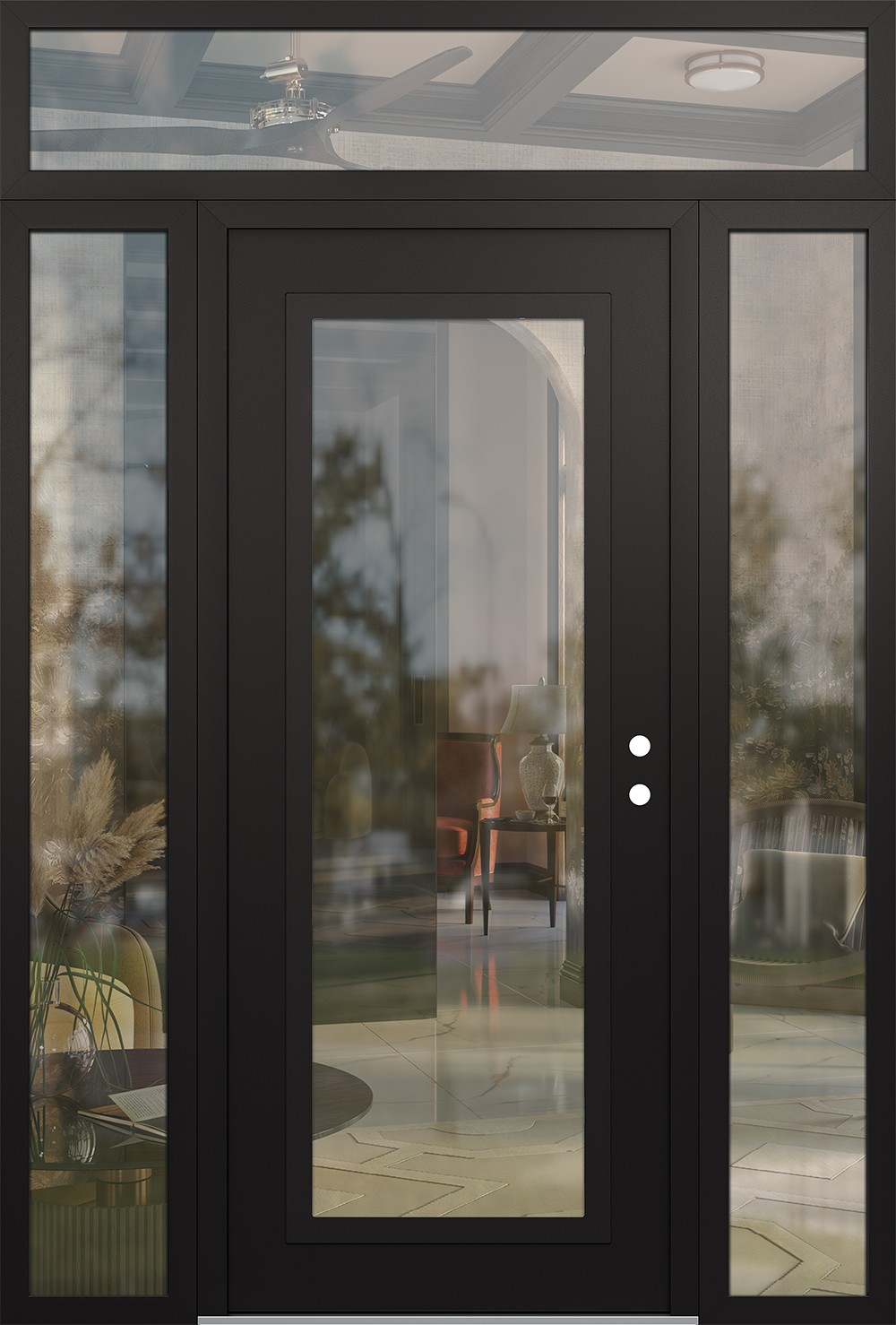 Modern Steel Front Door Diamond C1 68" x 96" black/black clear Glass Panel black LHI with 2 Sidelites and Transom clear Glass