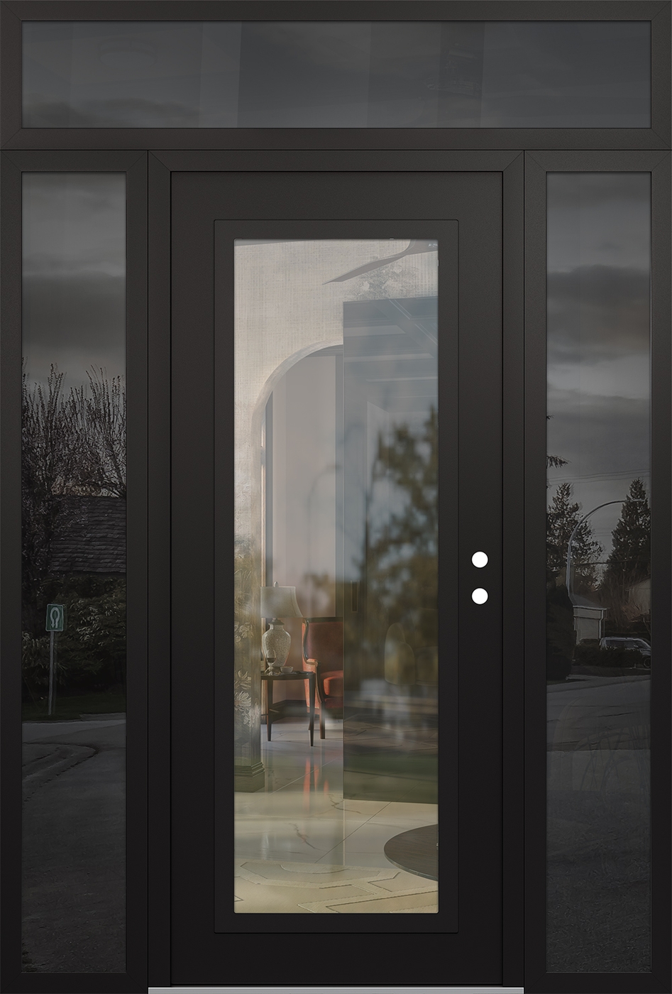 Modern Steel Front Door Diamond C1 68" x 96" black/black clear Glass Panel black LHI with 2 Sidelites and Transom mirrored Glass
