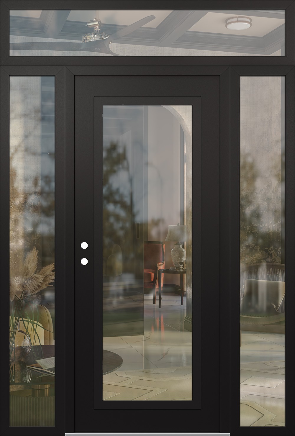 Modern Steel Front Door Diamond C1 68" x 96" black/black clear Glass Panel black RHI with 2 Sidelites and Transom clear Glass