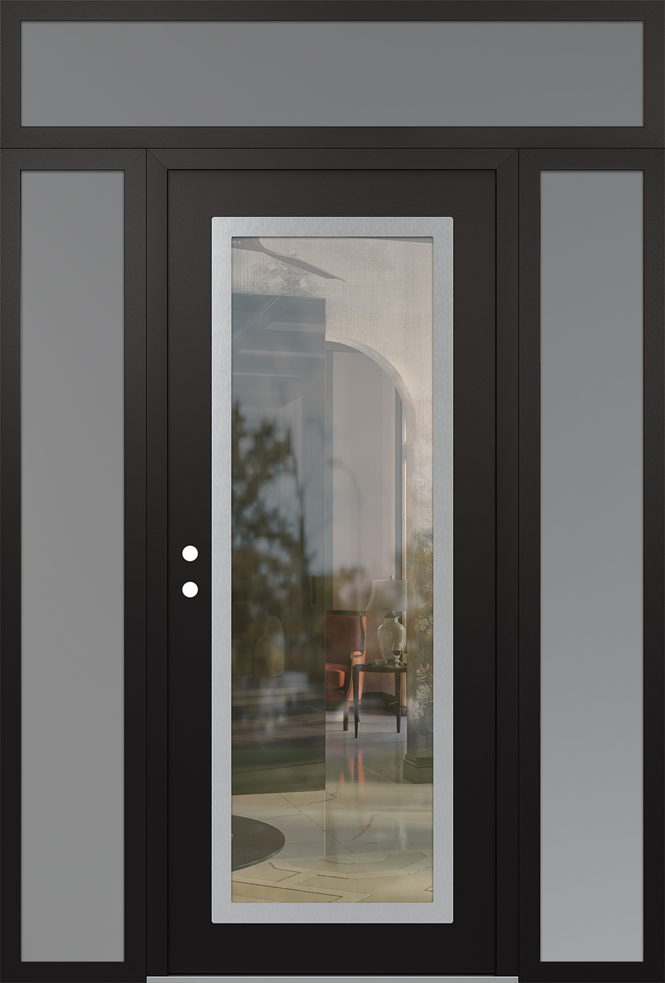 Modern Steel Front Door Diamond C1 68" x 96" black/black clear Glass Panel stainless steel RHI with 2 Sidelites and Transom frosted Glass