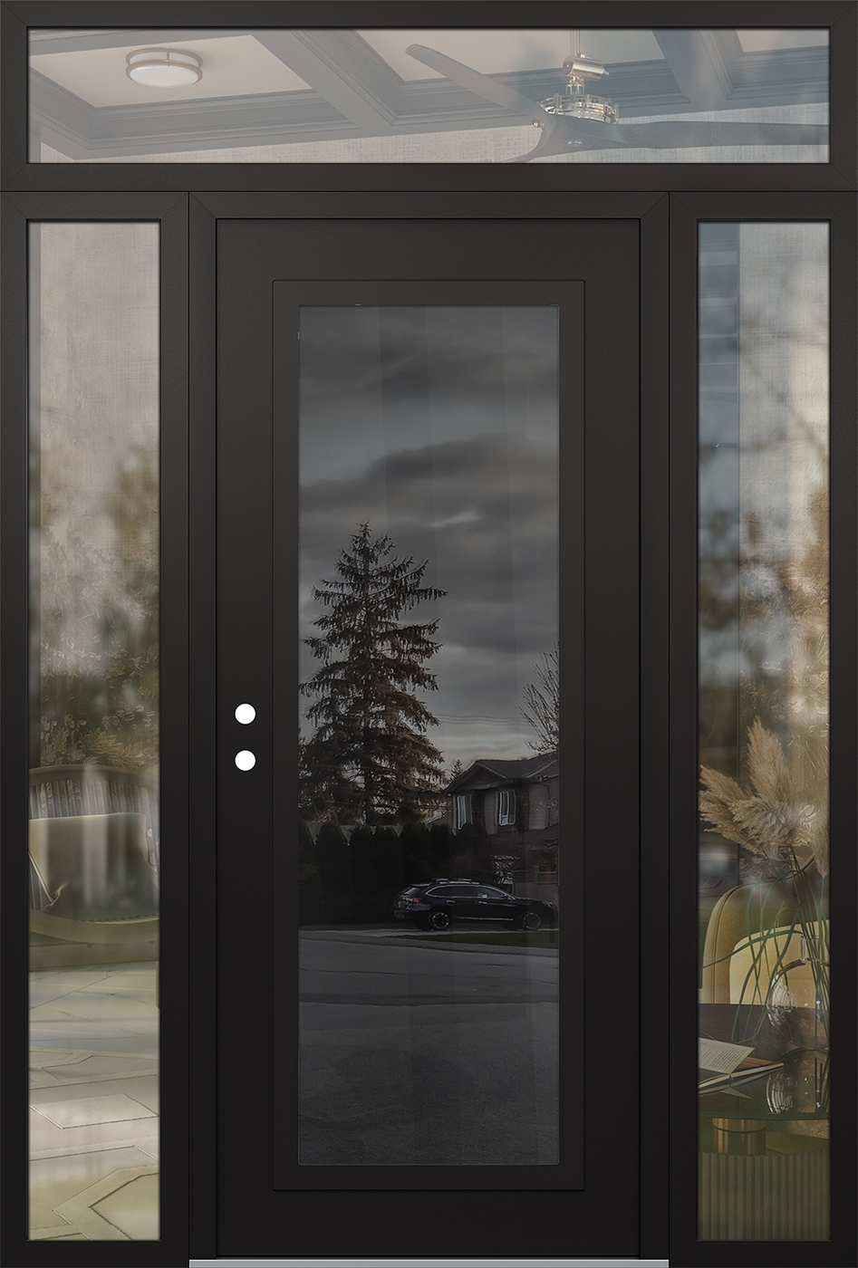Modern Steel Front Door Diamond C1 68" x 96" black/black mirrored Glass Panel black RHI with 2 Sidelites and Transom clear Glass