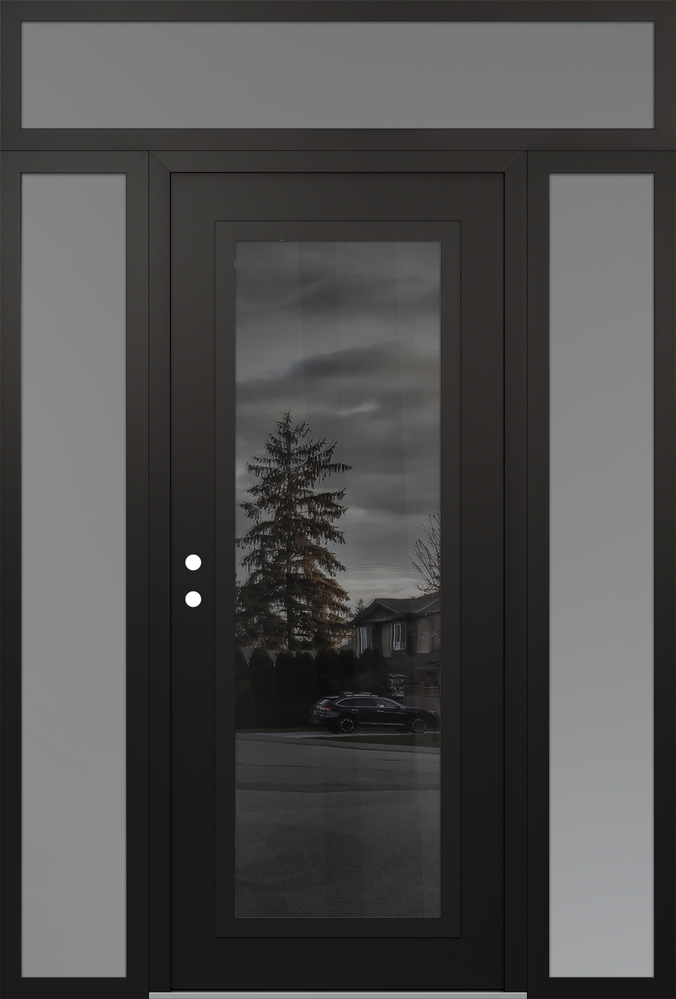 Modern Steel Front Door Diamond C1 68" x 96" black/black mirrored Glass Panel black RHI with 2 Sidelites and Transom frosted Glass