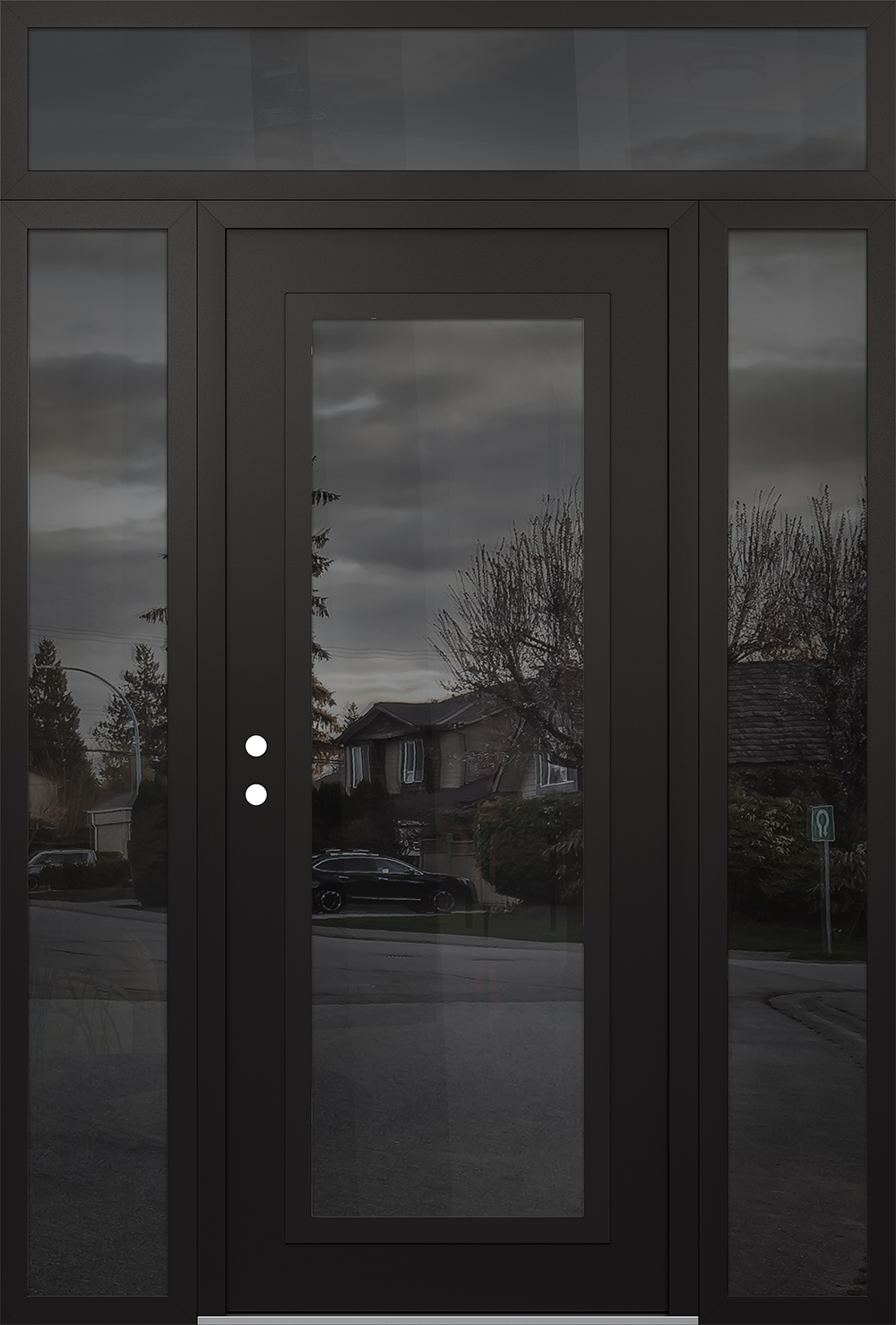 Modern Steel Front Door Diamond C1 68" x 96" black/black mirrored Glass Panel black RHI with 2 Sidelites and Transom mirrored Glass