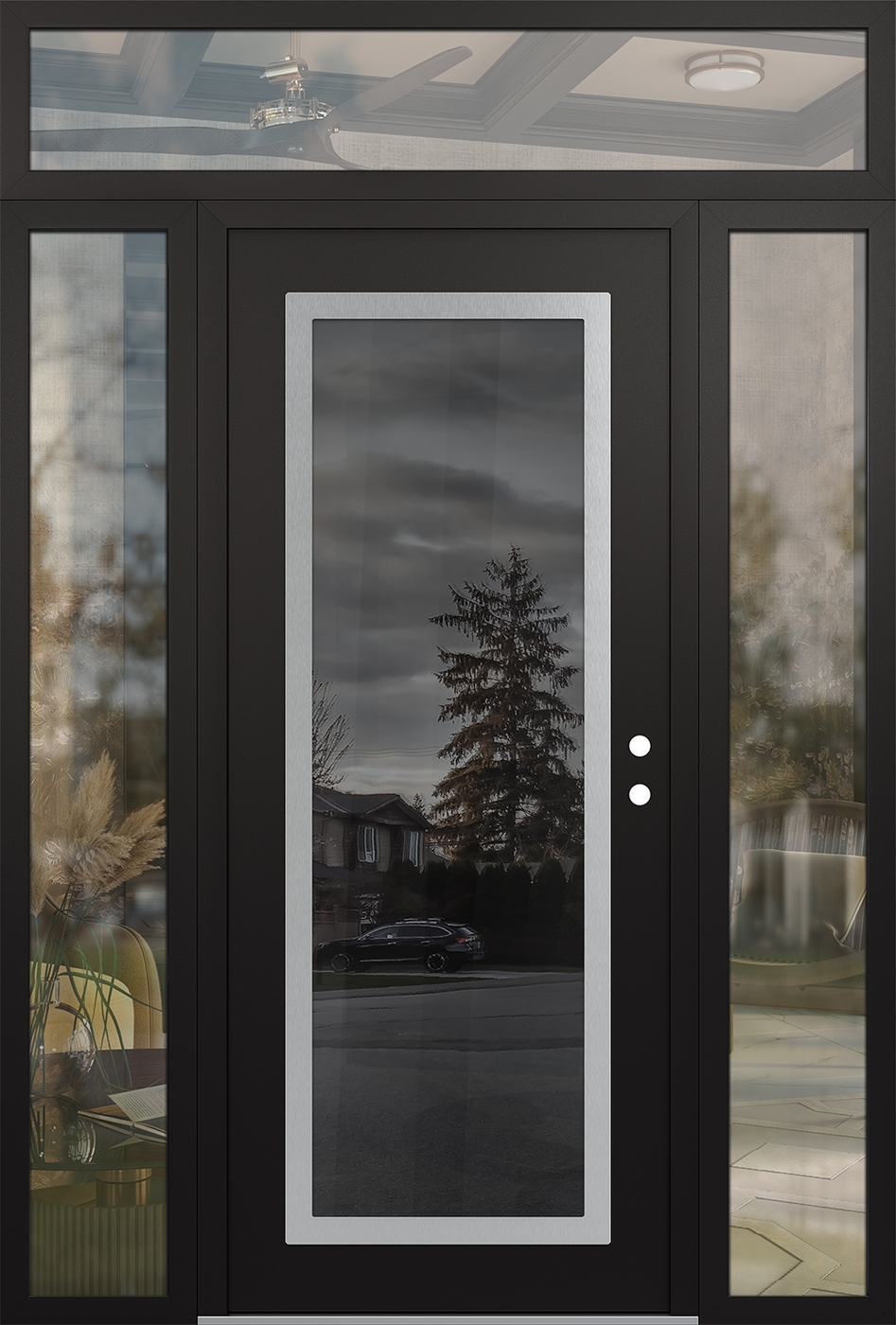 Modern Steel Front Door Diamond C1 68" x 96" black/black mirrored Glass Panel stainless steel LHI with 2 Sidelites and Transom clear Glass