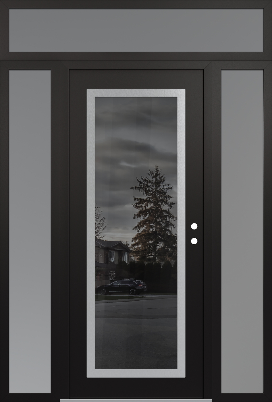 Modern Steel Front Door Diamond C1 68" x 96" black/black mirrored Glass Panel stainless steel LHI with 2 Sidelites and Transom frosted Glass