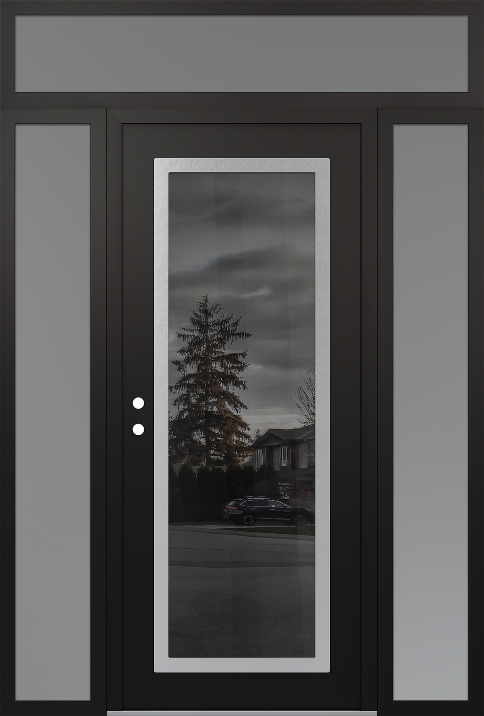 Modern Steel Front Door Diamond C1 68" x 96" black/black mirrored Glass Panel stainless steel RHI with 2 Sidelites and Transom frosted Glass