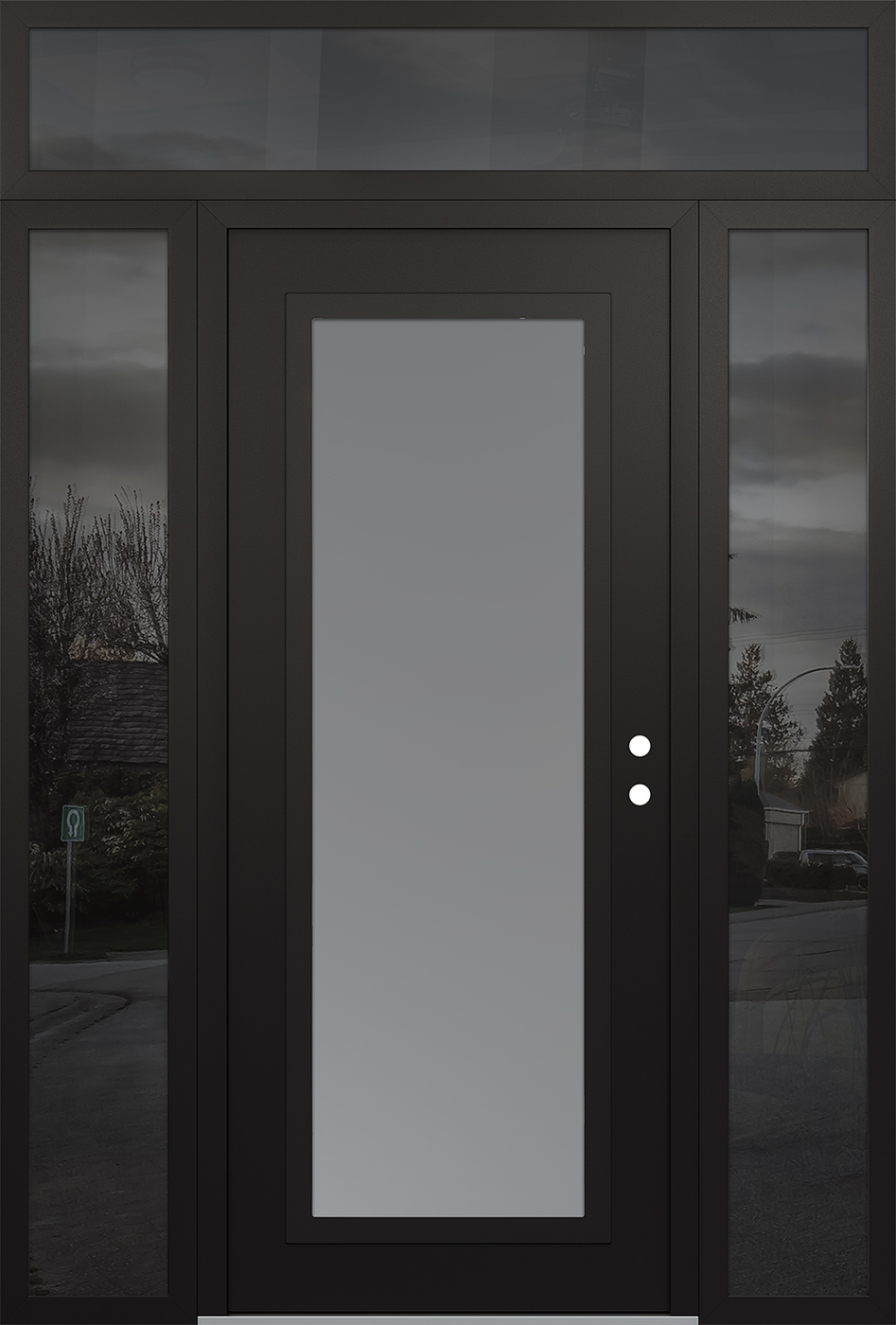 Modern Steel Front Door Diamond C1 68" x 96" black/white frosted Glass Panel black LHI with 2 Sidelites and Transom mirrored Glass