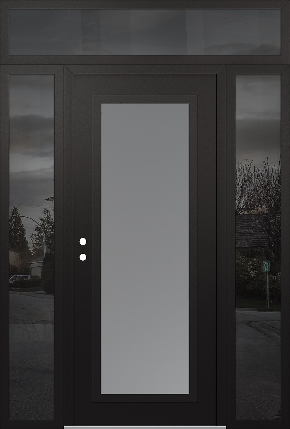 Modern Steel Front Door Diamond C1 68" x 96" black/white frosted Glass Panel black RHI with 2 Sidelites and Transom mirrored Glass