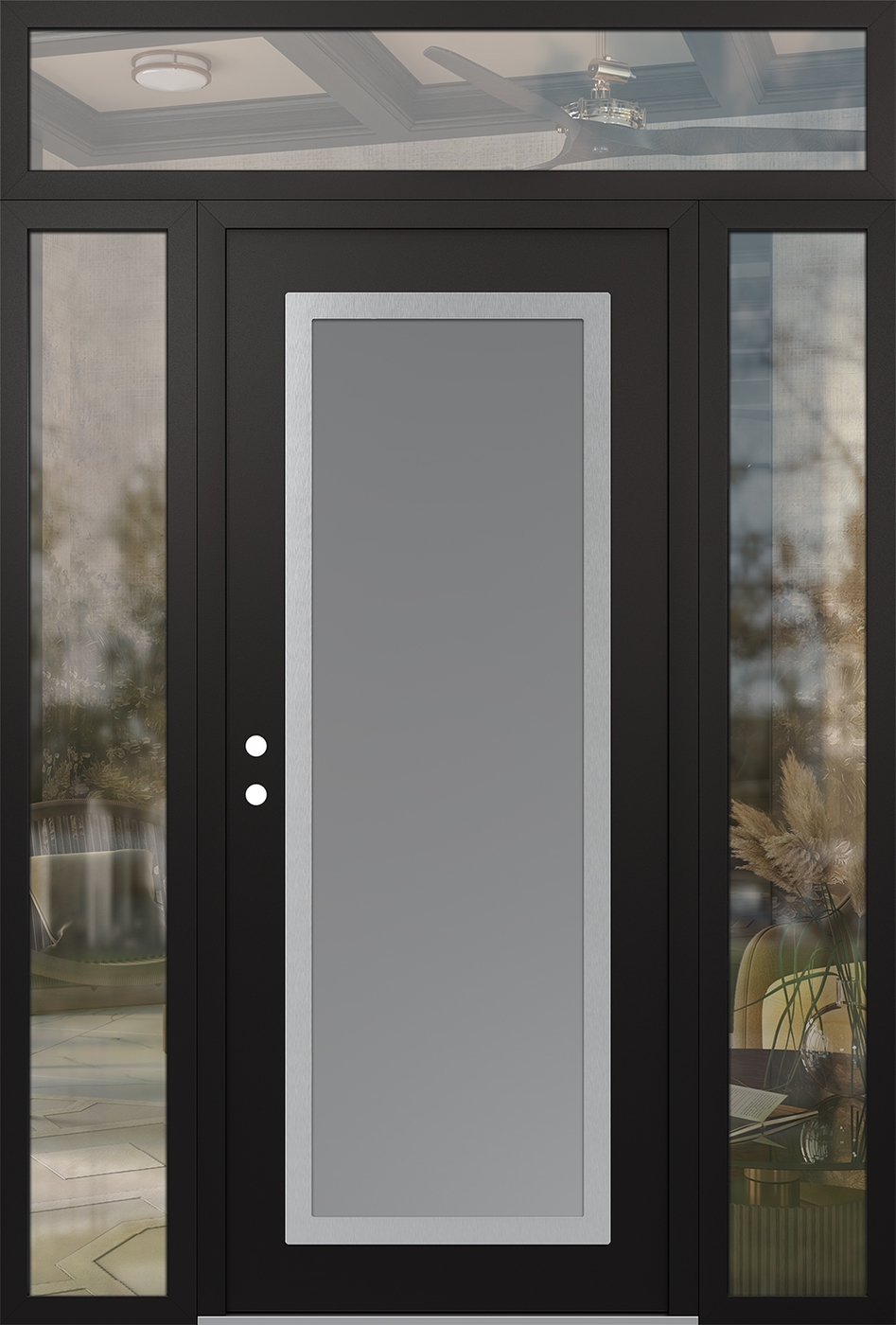 Modern Steel Front Door Diamond C1 68" x 96" black/white frosted Glass Panel stainless steel RHI with 2 Sidelites and Transom clear Glass