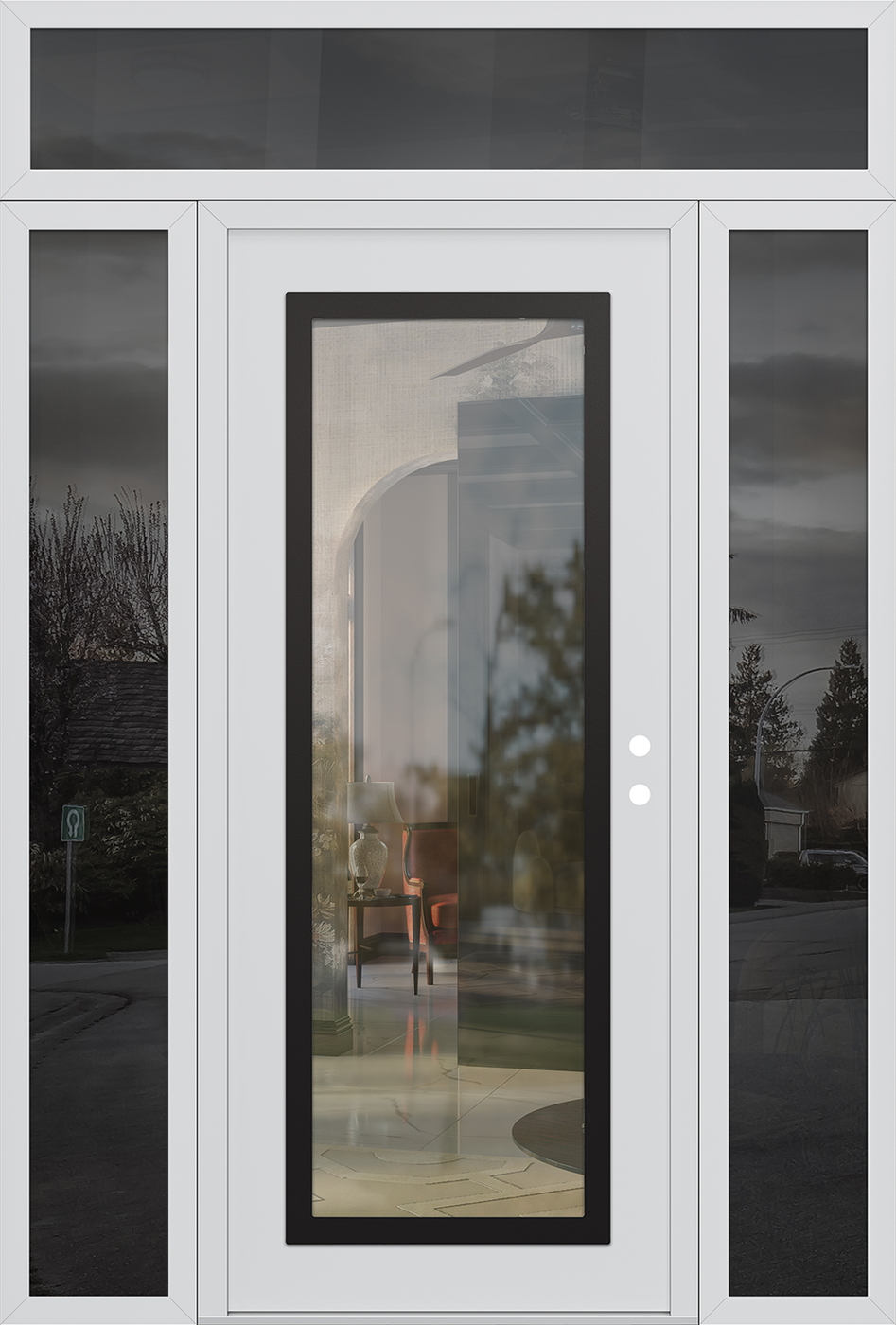 Modern Steel Front Door Diamond C1 68" x 96" white/white clear Glass Panel black LHI with 2 Sidelites and Transom mirrored Glass