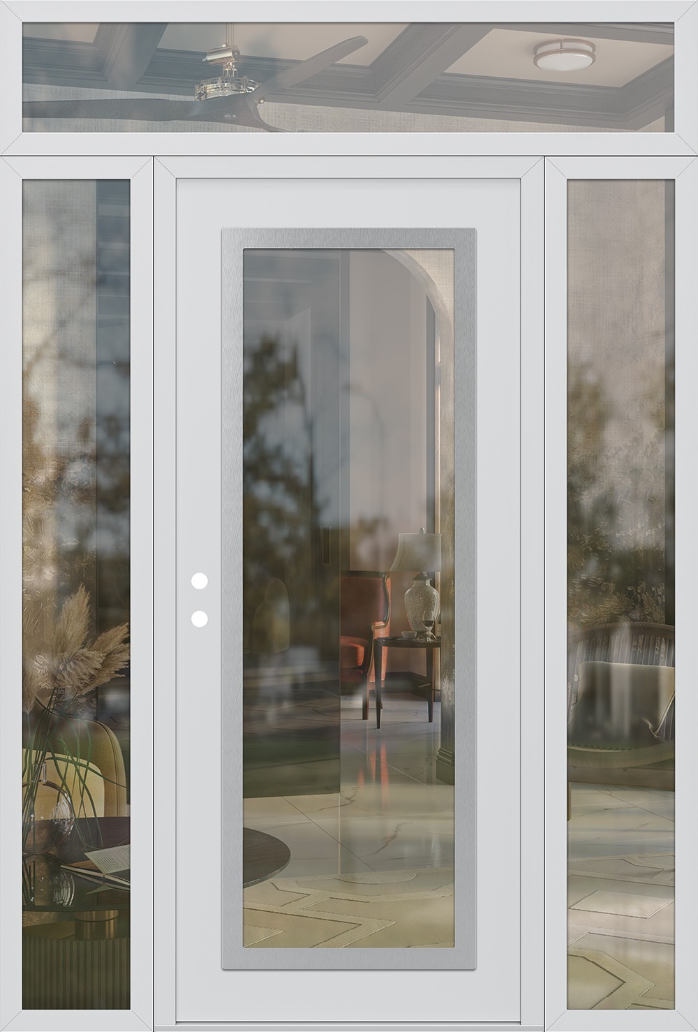 Modern Steel Front Door Diamond C1 68" x 96" white/white clear Glass Panel stainless steel RHI with 2 Sidelites and Transom clear Glass