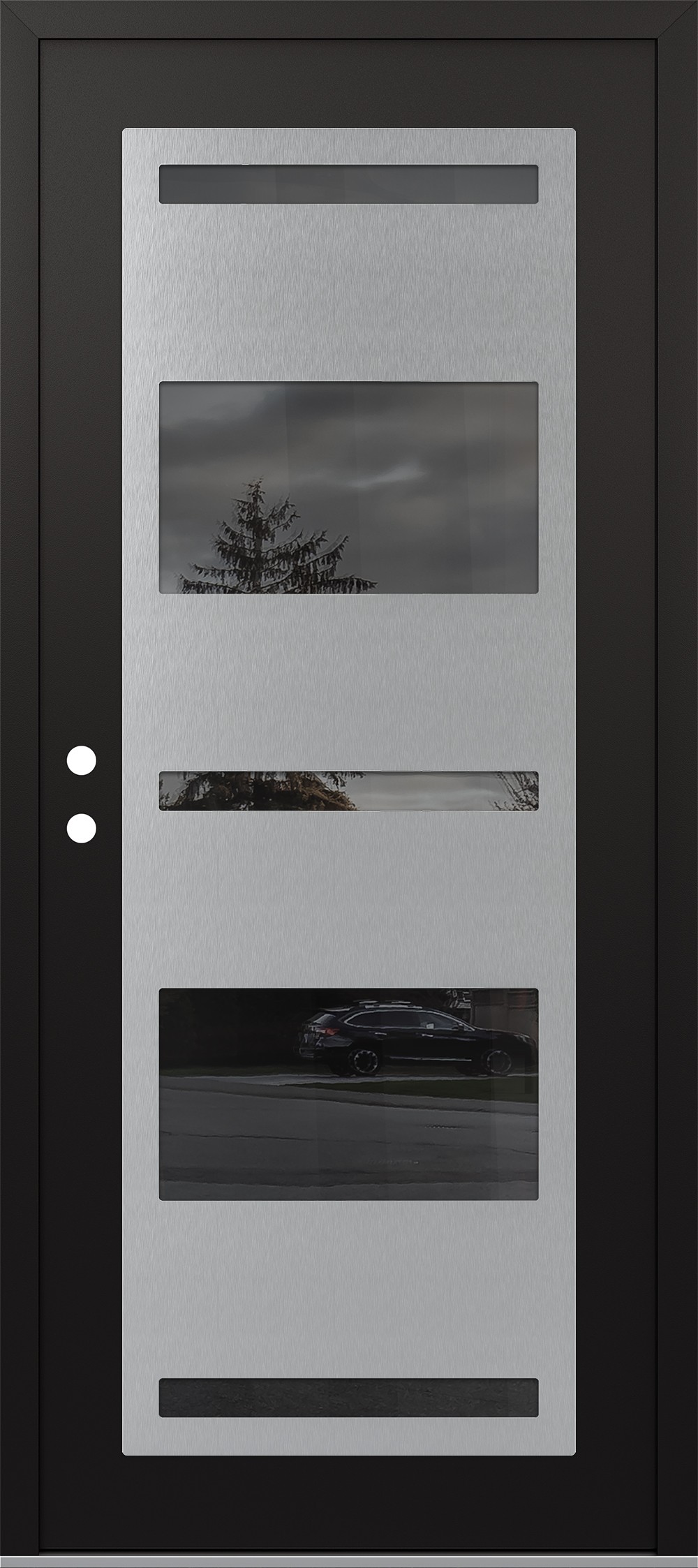 Modern Steel Front Door Diamond C10 36" x 80" black/black mirrored Glass Panel stainless steel RHI