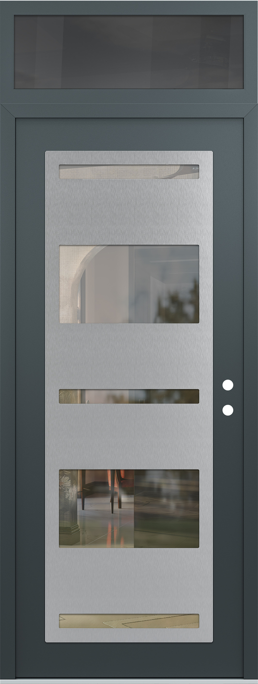 Modern Steel Front Door DIAMOND C10 36" X 96" ANTHRACITE/ANTHRACITE CLEAR GLASS PANEL STAINLESS STEEL LHI WITH TRANSOM MIRRORED GLASS