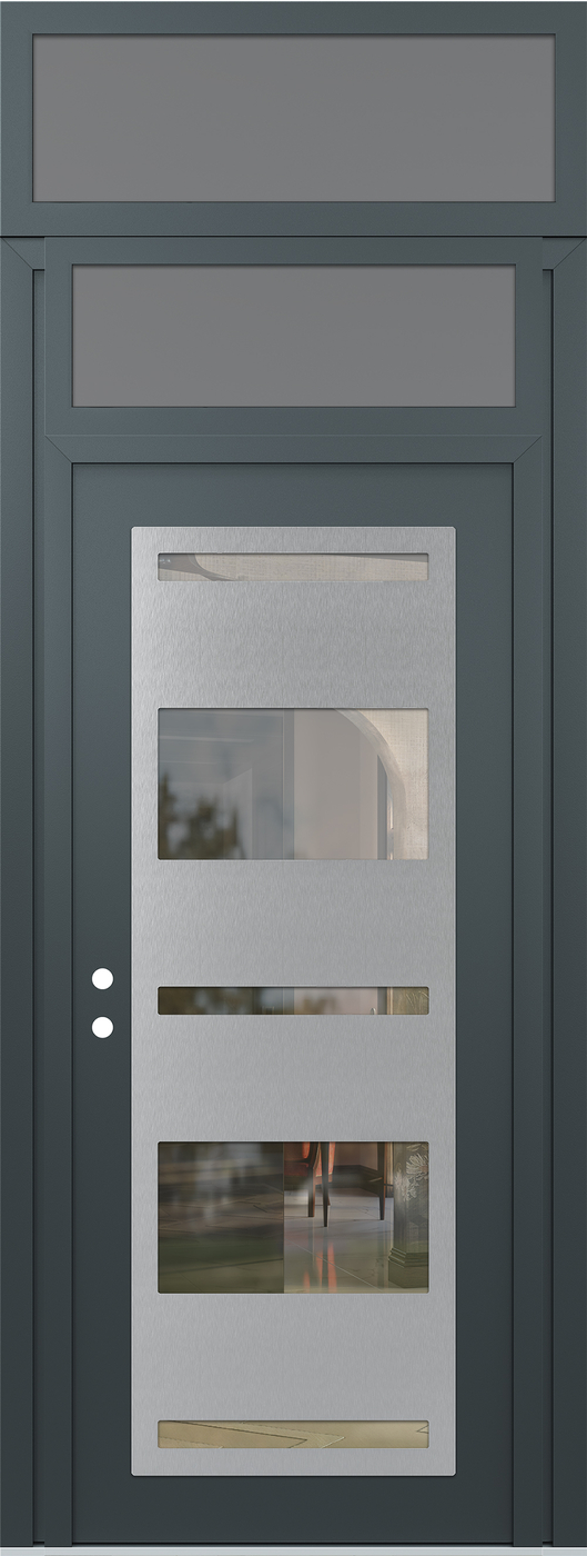 Modern Steel Front Door DIAMOND C10 36" X 96" ANTHRACITE/ANTHRACITE CLEAR GLASS PANEL STAINLESS STEEL RHI WITH TRANSOM FROSTED GLASS