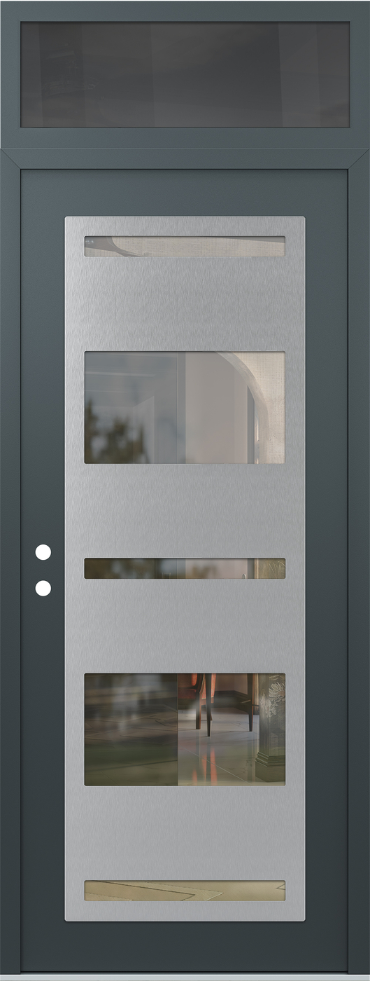 Modern Steel Front Door DIAMOND C10 36" X 96" ANTHRACITE/ANTHRACITE CLEAR GLASS PANEL STAINLESS STEEL RHI WITH TRANSOM MIRRORED GLASS
